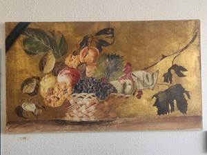 lot 99 image: Wall fresco depicting a basket of fruits on a gold background. see lot #191 for pair of sconces that are stunning alongside this piece