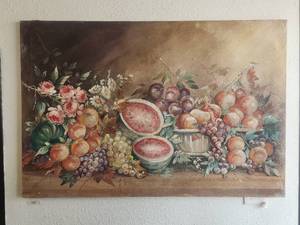 lot 102 image: Wall fresco depicting a table bursting with colorful fruits all set against a neutral background