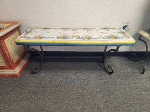 lot 106 image: Garden bench with hand painted cabbage roses and birds on crackled white background. Galvanized base