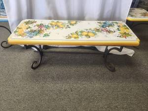 lot 133 image: Garden bench with hand painted lemons and grapes on a crackled white background. Galvanized stand included -