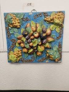 lot 108 image: Raised fruit wall art in squared shape on beautiful blue background