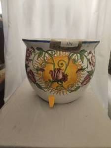 lot 114 image: Large clay cache pot with hand painted irises in a sunburst and antiqued crackling