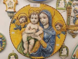 lot 122 image: Beautiful, raised depiction of Madonna and baby with Angels. Madonna is in blue -