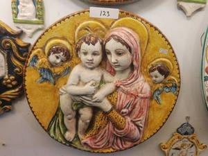 lot 123 image: Beautiful, raised depiction of Madonna and baby with Angels. Madonna is in pink -