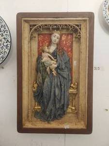 lot 213 image: Hand molded Madonna and baby set inside wooden frame (14 x 21)