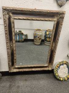 lot 154 image: Large, beveled mirror with wood frame accented in gold and patina