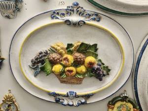 lot 153 image: Artist signed oval wall art of raised fruit in a basket -