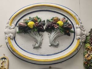 lot 164 image: Large oval wall art of fruit filled cornucopias on a white background. Includes sticker of authenticity showing origin as Florence, Italy