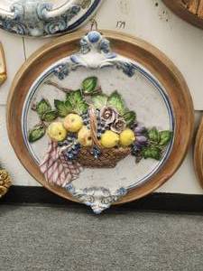 lot 179 image: Artist signed large round wall art of raised basket of fruit with terra cotta rim - (27)