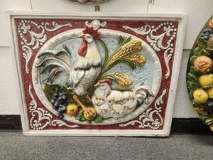 lot 195 image: Striking artist signed wall art with raised rooster and hen along fruit and wheat - (24 x 30)