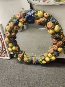 lot 198 image: Incredibly rare and unique piece of wall art featuring raised fruits banded with iron frame and hanging hook (29). The level of artistry to hand craft this is a lost art. -