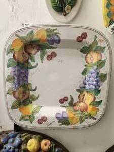 lot 200 image: Artist signed square platter with painted fruits. May use as wall hanging, a platter or as a centerpiece - (20 x 20)