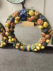 lot 217 image: Incredibly rare and unique piece of wall art featuring raised fruits banded with iron frame and hanging hook (29). The level of artistry to hand craft this is a lost art. -
