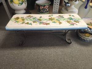 lot 162 image: Garden bench showing hand painted grapes on a crackled off white background. includes galvanized base