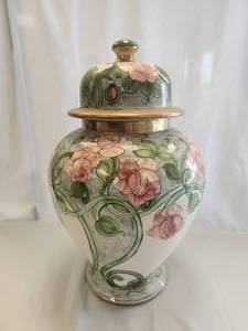 lot 155 image: Lidded Urn with pastel pinks and greens. Artist signed. matches lot 152