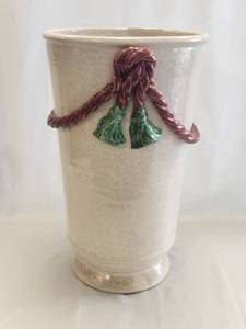 lot 212 image: Umbrella stand with hand formed tasseled roping in red and green - (12 x 20)