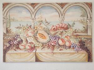 lot 215 image: Fresco with veranda table overflowing with fruits - (40 x 59)
