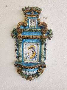 lot 230 image: Elaborate Holy water font depicting Mary and Baby Jesus - (16 x 29)
