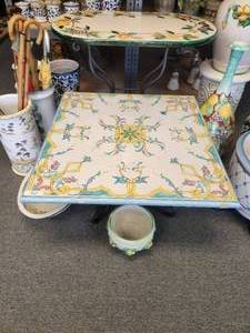 lot 182 image: Square clay tabletop that is artist signed and comes with iron base. matching design of lot 87 - (35 x 35 x 18)