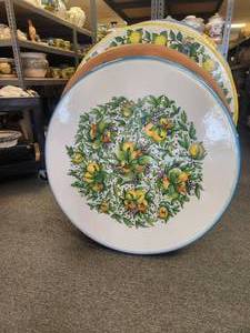lot 167 image: Stunning clay tabletop adorned with hand painted fruits of lemons, plumbs, and pomegranates