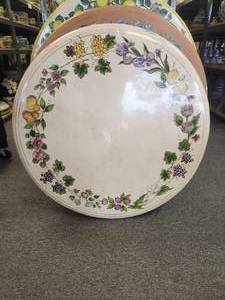 lot 170 image: Artist signed clay tabletop with hand painted fruits and flowers on a crackled off-white background - (43)