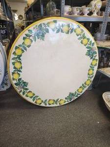 lot 189 image: Large clay tabletop with hand painted lemons and flowers. Artist signed - (48)