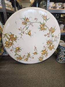 lot 173 image: Artist signed clay tabletop with hand painted pomegranates and dragonflies (50)
