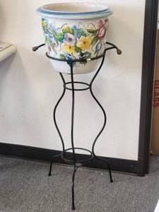 lot 132 image: Cache pot adorned with hand painted grapes, pomegranates and dragon flies. Plant stand included