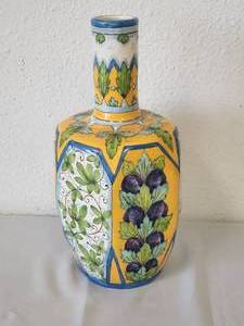 lot 174 image: Beautiful 6-sided bottle showcasing plump plums (14). Hand painted in Italy