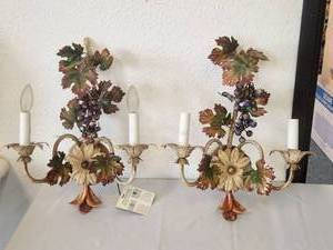 lot 191 image: Beautiful neutral colored matching wall scones accented with fall-colored leaves and clumps of grapes (18). These scones pair strongly when hung on either side of the fresco in lot #99.