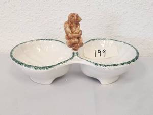 lot 199 image: Whimsical monkey sits guard over this two-compartment dish trimmed in green