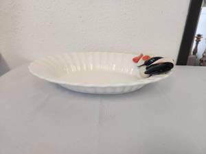lot 247 image: Medium serving dish with scalloped edges and handmade sea life of mussels, shrimp, and shells (11 x 15)