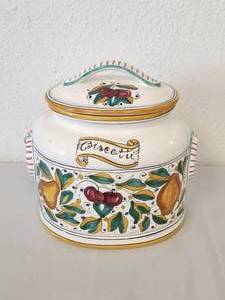 lot 243 image: Biscotti jar in original design by famous Maryanna-Suzanna of Palm Beach. This piece was commissioned in Deruta, Italy (10 x 10)