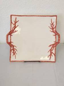 lot 249 image: Square coral design serving platter with handles. Hand painted in coral colors in Italy (14 x 16)