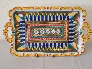 lot 221 image: Antipasti tray will ornate handles (10 x 17). This is part of the Geometrico design series from Sberna in Deruta, Italy