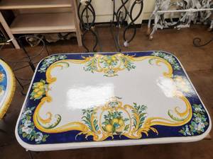 lot 177 image: An amazing amount of work and artistry went into this stunning hard to find rectangular clay tabletop that is bursting with lemons and accented in cobalt blue (32 x 48)