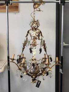 lot 59 image: Magnificent 6 light hand forged chandelier from Florence. This piece of lighting art is dripping with Murano glass grape clusters. Includes original label for authenticity.