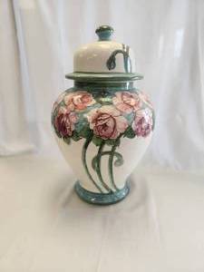 lot 152 image: Lidded Urn with pastel pinks and greens. Artist signed. matches lot 155