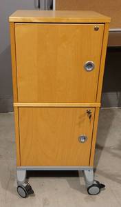 lot 11 image: IKEA BIRCH WOOD 2-COMPARTMENT ROLLING CABINET WITH KEY AS SHOWN.