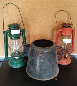 lot 44 image: VINTAGE LANTERNS AND ENAMELED PITCHER AS SHOWN.