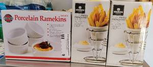 lot 9 image: PORCELAIN RAMEKINS AND FRY HOLDERS IN BOXES AS SHOWN.