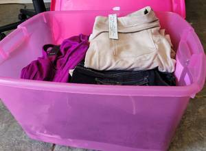lot 32 image: CONTAINER LOT OF ASSORTED CLOTHING AS SHOWN. NICE MIXED LOT SOME MAY HAVE TAGS.