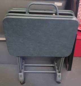 lot 209 image: VINTAGE TV DINNER TRAYS WITH STAND AS SHOWN.